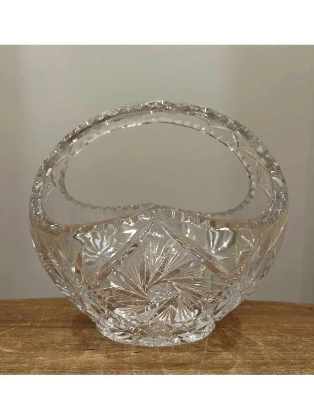 Vintage 1960s Czech? Basket Bowl Clear Cut Glass Lead Crystal Star Pattern